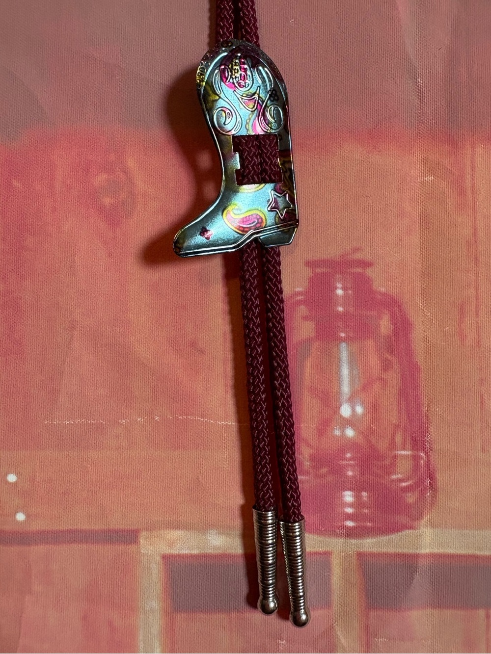Vintage Cowboy Boot Bolo Tie Maroon Cord Western Cowgirl